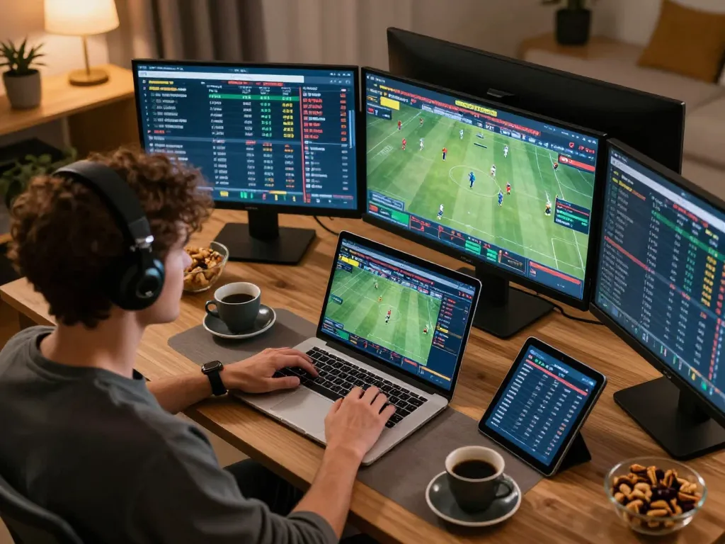 Tỷ lệ kèo trực tuyến engages passionate bettors analyzing odds in a modern home office setting.