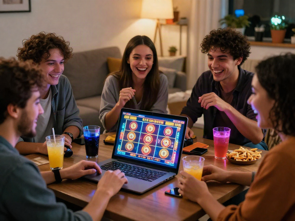 Friends enjoying a thrilling slot online gaming session together in a cozy home.