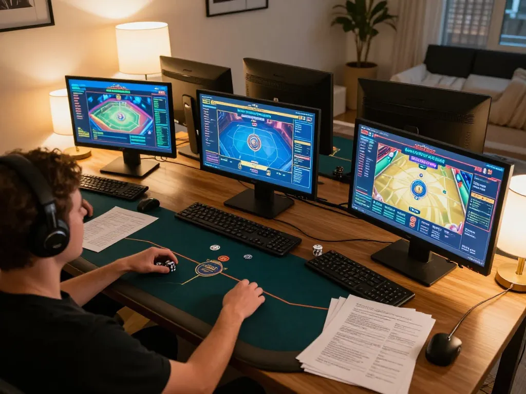 Pemain MPO1221 menikmati poker online di beberapa layar, menampilkan permainan strategis di lingkungan rumah yang nyaman.