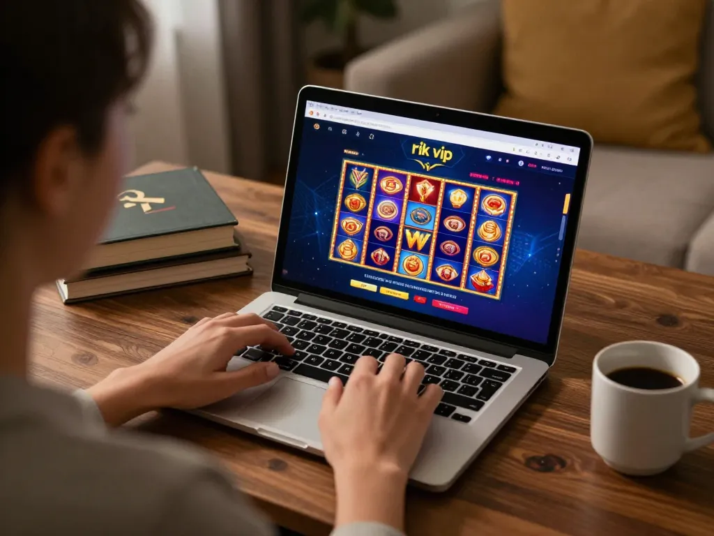 Engaging in online gaming on Rik VIP platform at home with vibrant slot games displayed
