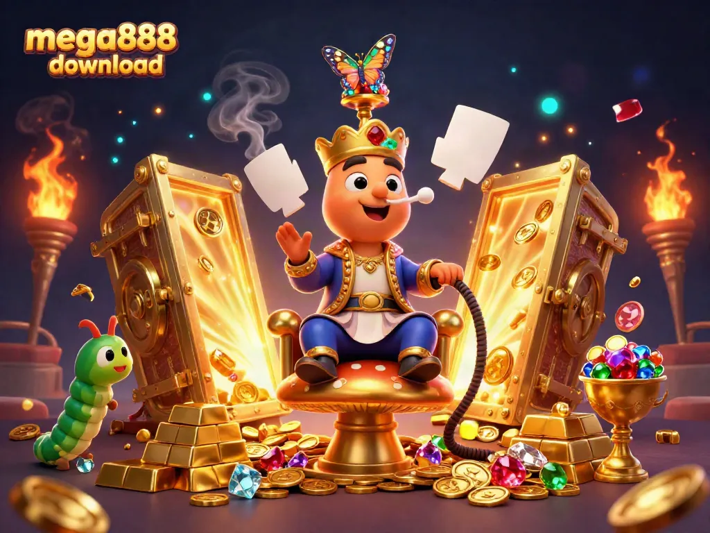 Engage with mega888 download through a captivating 3D illustration showcasing a whimsical casino theme.