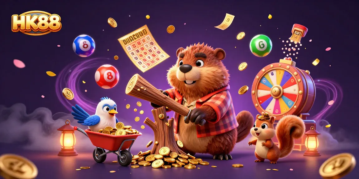 Join the fun at HK88 with a lively illustration showcasing cartoon characters amidst a cascade of golden coins!