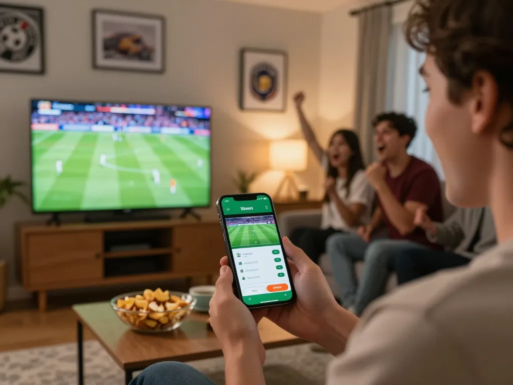 Xoilac user placing bets while enjoying a live football match with friends in a cozy setting.