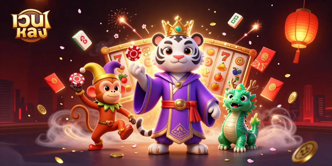 Engage with เว็บตรง in a lively casino scene featuring a cartoon tiger, juggling monkey, and jade dragon.