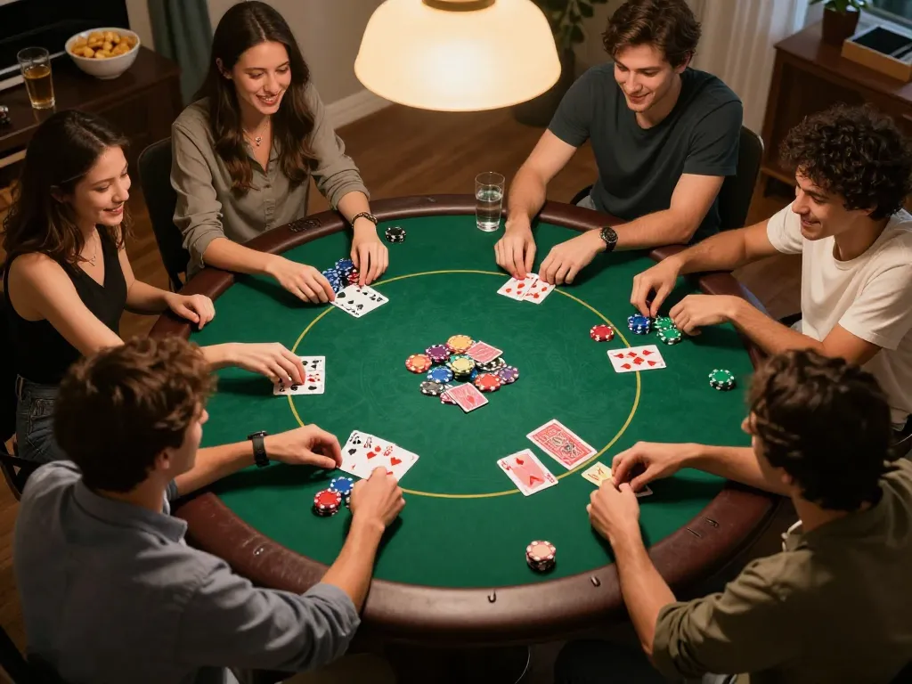Friends enjoying a lively poker night with link ggdewa777, showcasing colorful chips and cards in action.