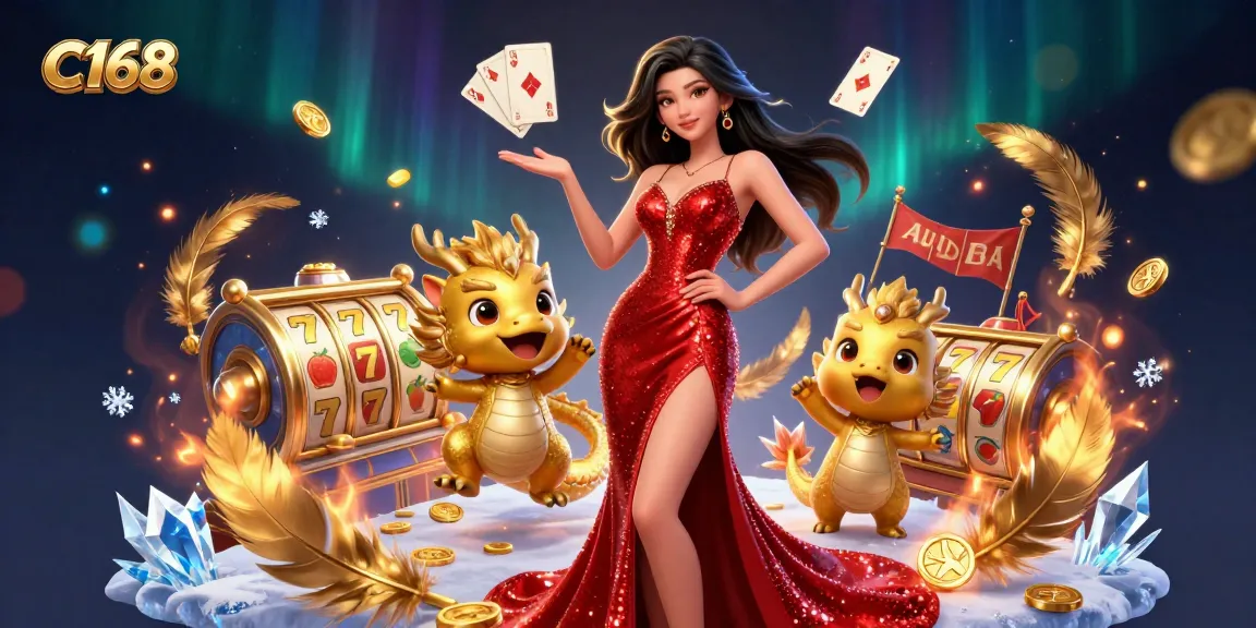 C168 showcases thrilling casino action with a glamorous Asian woman and golden dragon amidst floating playing cards.