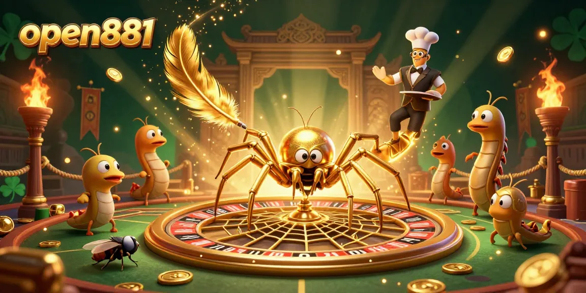 Experience thrilling bets and dynamic games at open881 with a cartoon roulette wheel, golden spider, and lively casino elements.