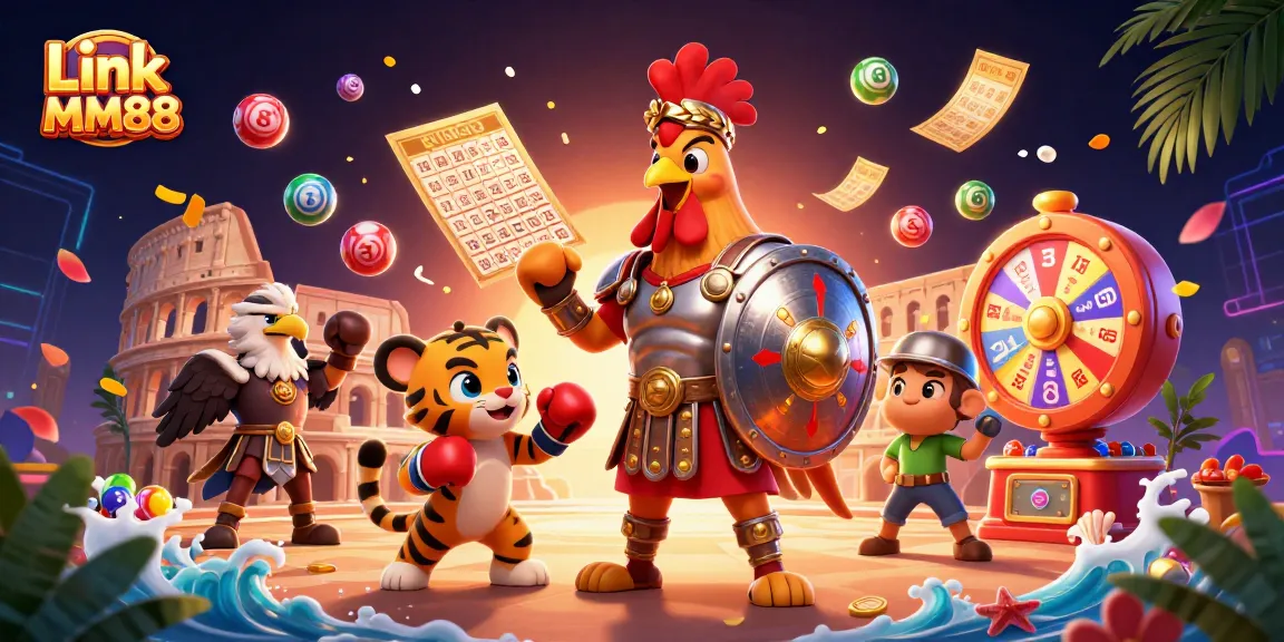 Engage with Link MM88 through vibrant lottery and gaming elements in a dynamic illustration.