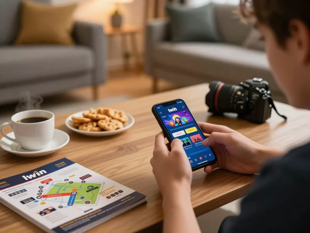 Iwin mobile gaming experience, showcasing a player engaging with the app in a cozy home setting.