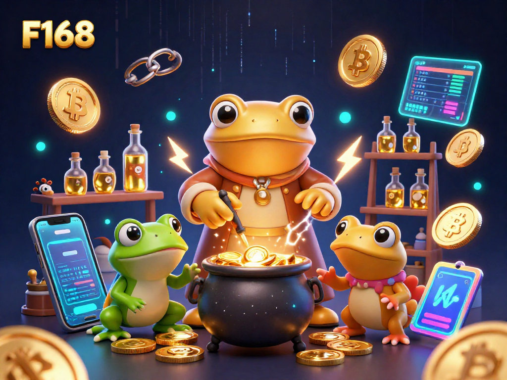Experience F168 as a golden alchemist transforms coins in a dynamic casino scene.