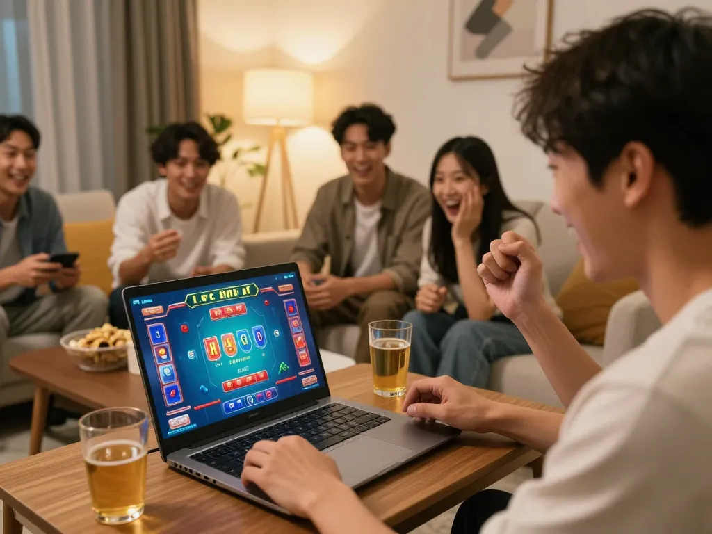 Xóc đĩa online gameplay celebration in a cozy living room, showcasing a player's joyful win.