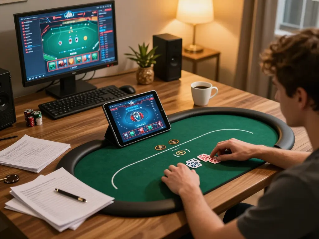 Player enjoying an octaslot online poker match on a tablet in a cozy home setup.