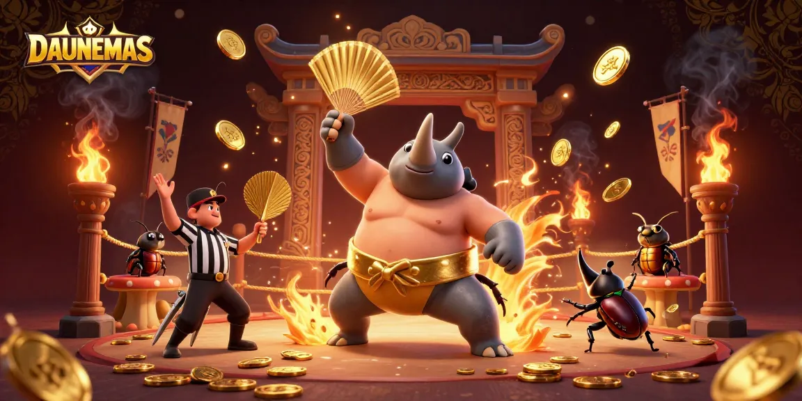 Experience DAUNEMAS excitement as a rhinoceros beetle champion stomps coins amid rich casino elements.
