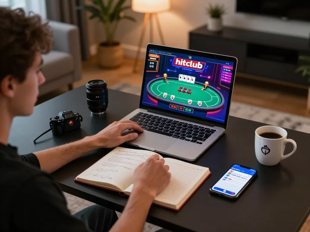 Player enjoying hitclub online poker game on a laptop at home with strategy notes beside.