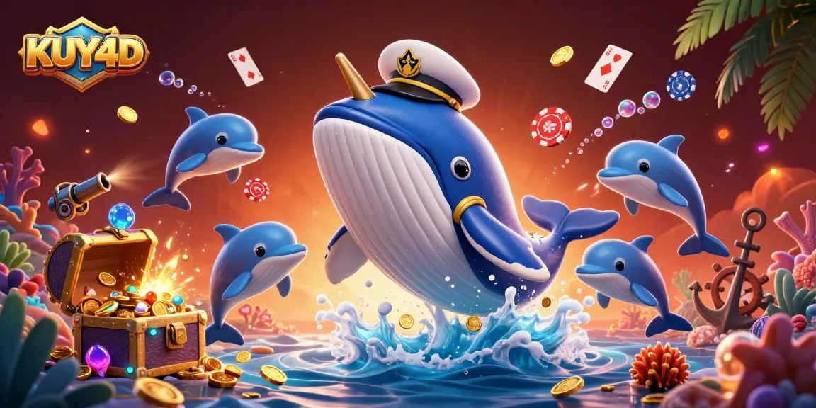 KUY4D, menarik perhatian dengan ilustrasi paus raksasa dan lumba-lumba yang beraksi di laut, simbol permainan togel.