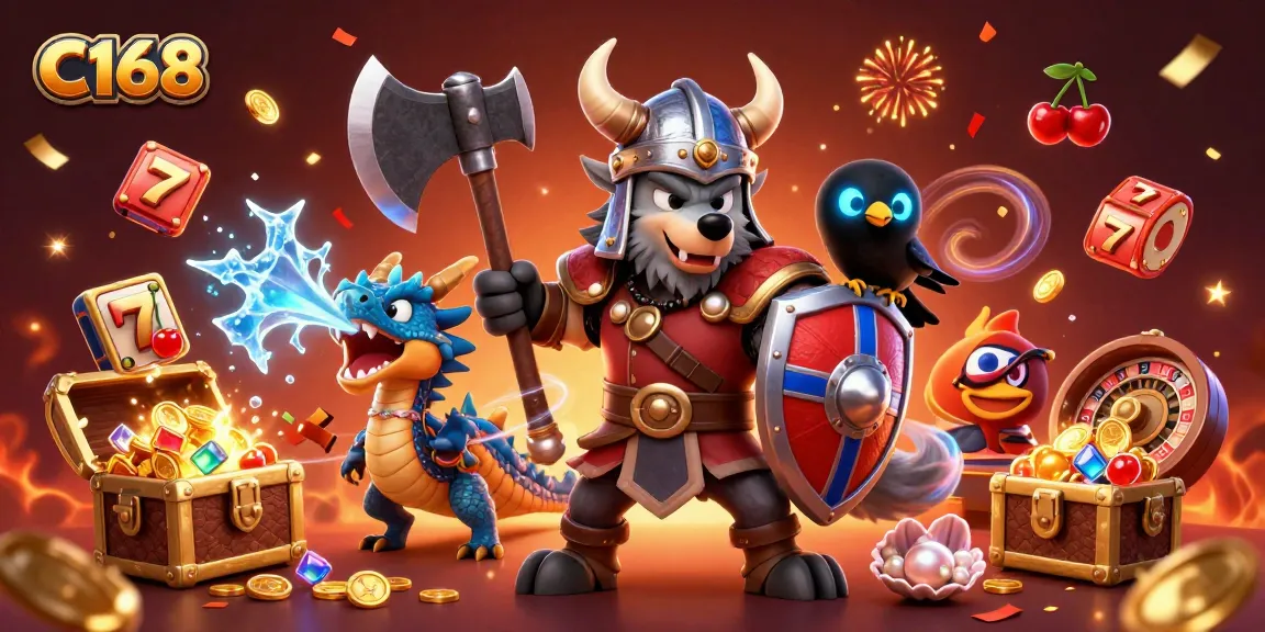 C168 slot games come alive with a Viking wolf warrior amid treasure chests and playing cards.