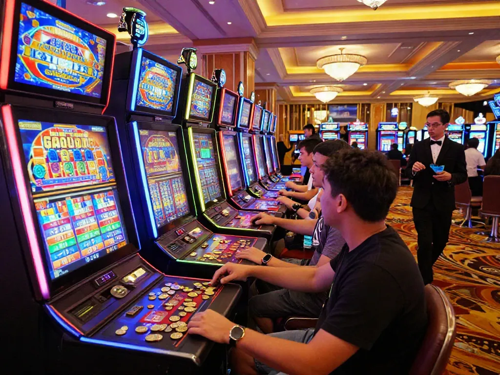 Exciting gaming scene with players using vibrant SLOT GACOR slot machines in a luxury casino setting.