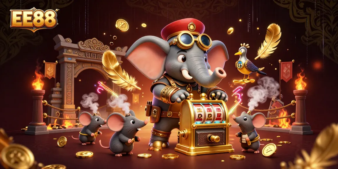 Engage with EE88 in this vibrant 3D casino scene featuring a steampunk elephant and dynamic gaming elements.