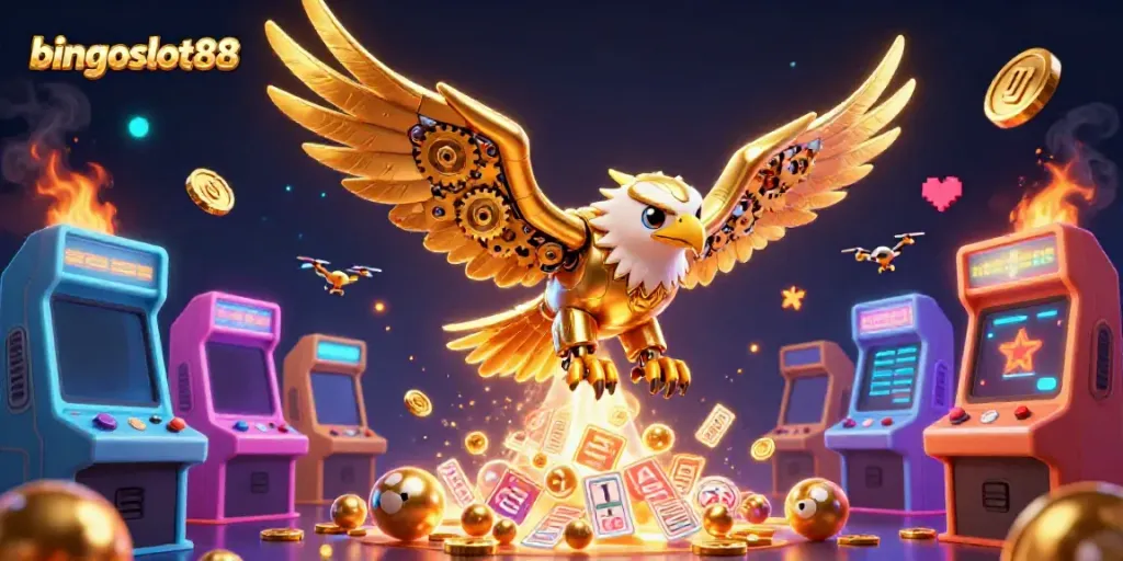 Permainan seru bingoslot88 dengan elang emas cybernetic dan bola bingo dalam kualitas 3D.