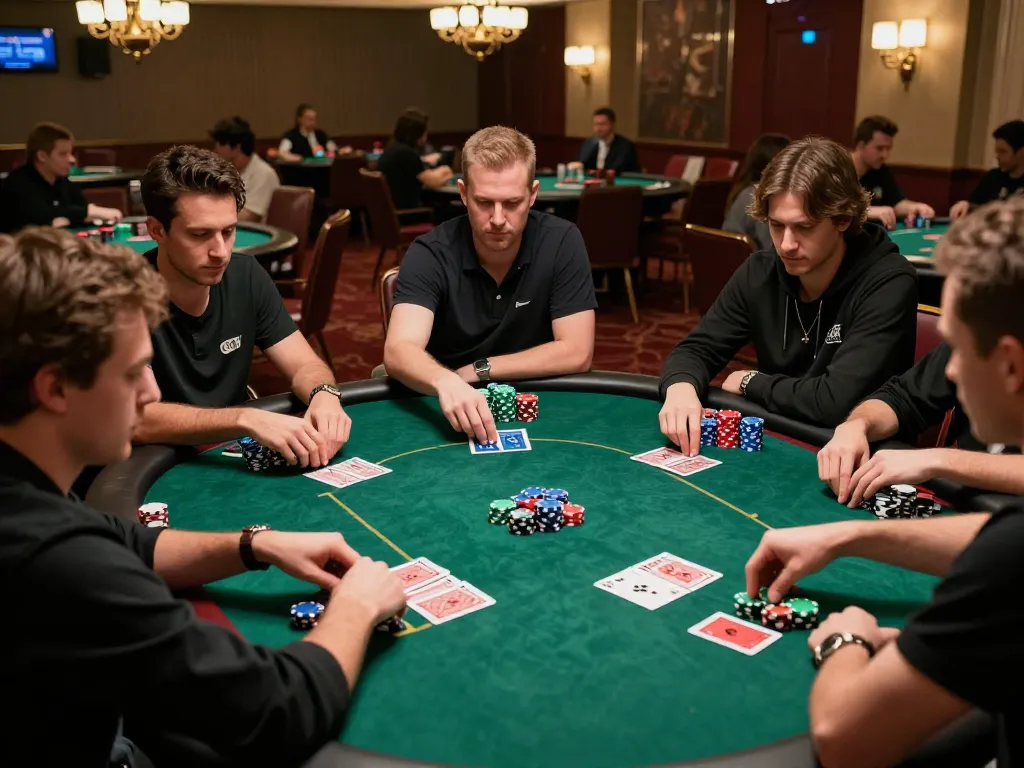 RR88 poker players strategizing during an intense game with colorful chips on the table.