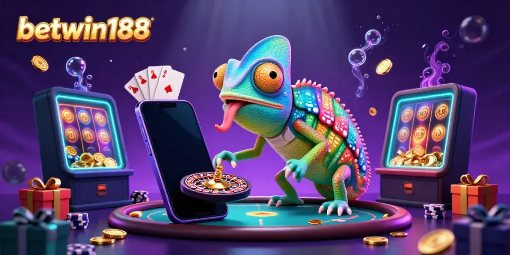Visualisasi menarik tentang betwin188 dengan chameleon kasino dan elemen permainan yang seru.