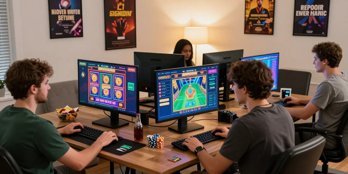 Players enjoying credit card casinos in stylish home offices, with vibrant game graphics and snacks.