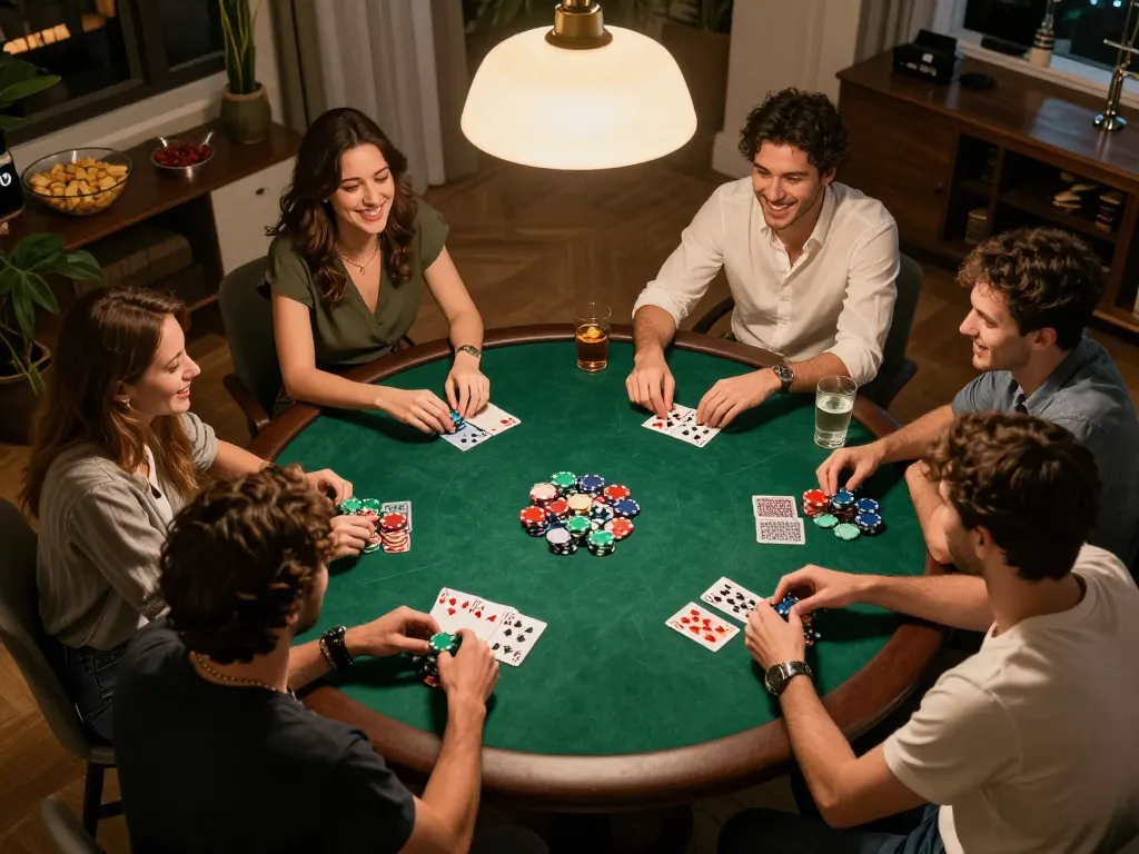 Suasana permainan poker yang ramah dan menyenangkan selama malam santai di rumah dengan diskusi strategi login dasi4d.