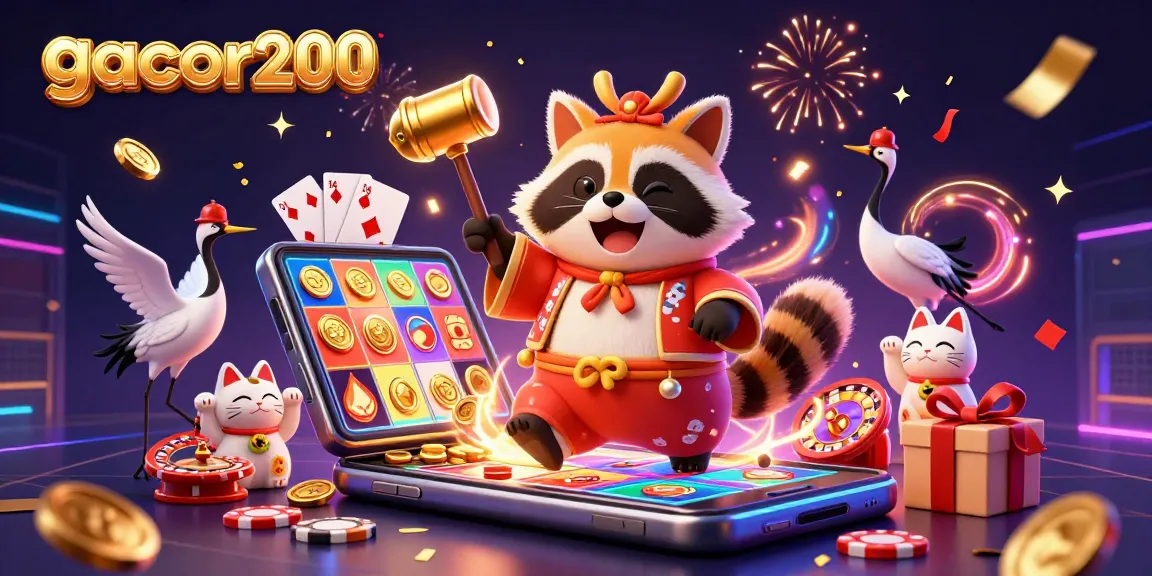 Spin the reels of luck with gacor200's festive casino scene, featuring a joyful tanuki and vibrant decorations.