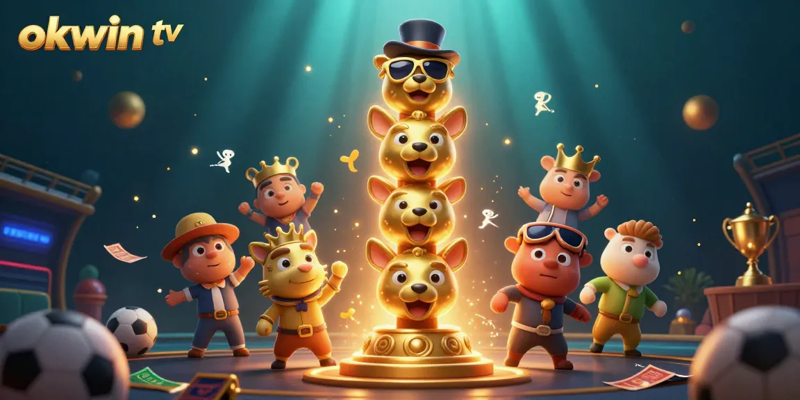 Watch thrilling sports betting moments with okwin tv through vibrant 3D cartoon art of a golden totem.