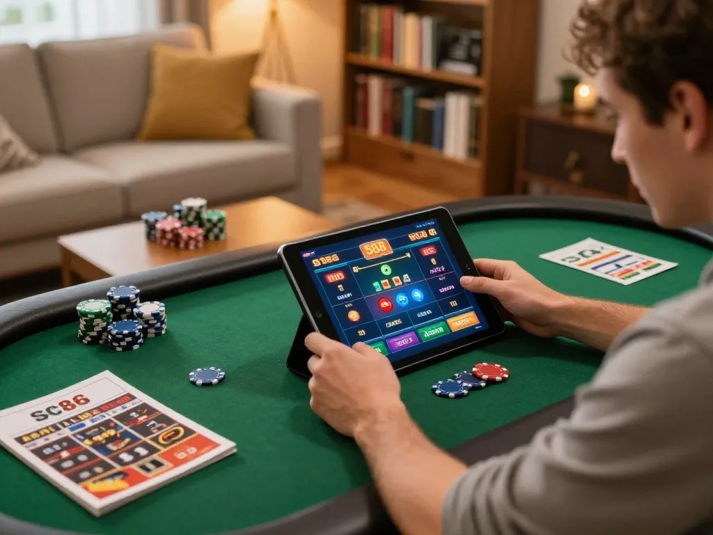 Player focusing on sc88 gaming app on tablet in cozy home setup with strategy notes.