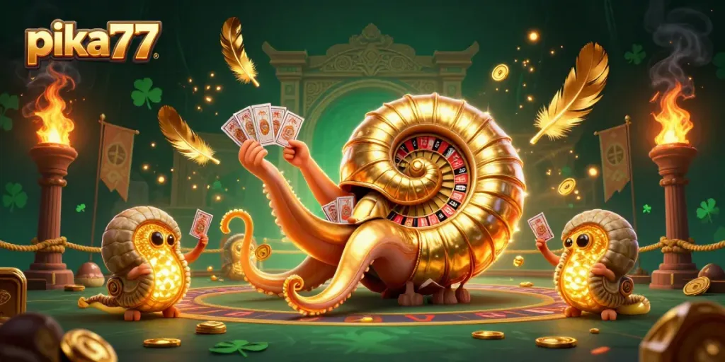 Engage in thrilling gameplay at pika77, where a giant nautilus spins cards and roulette in vibrant casino style.