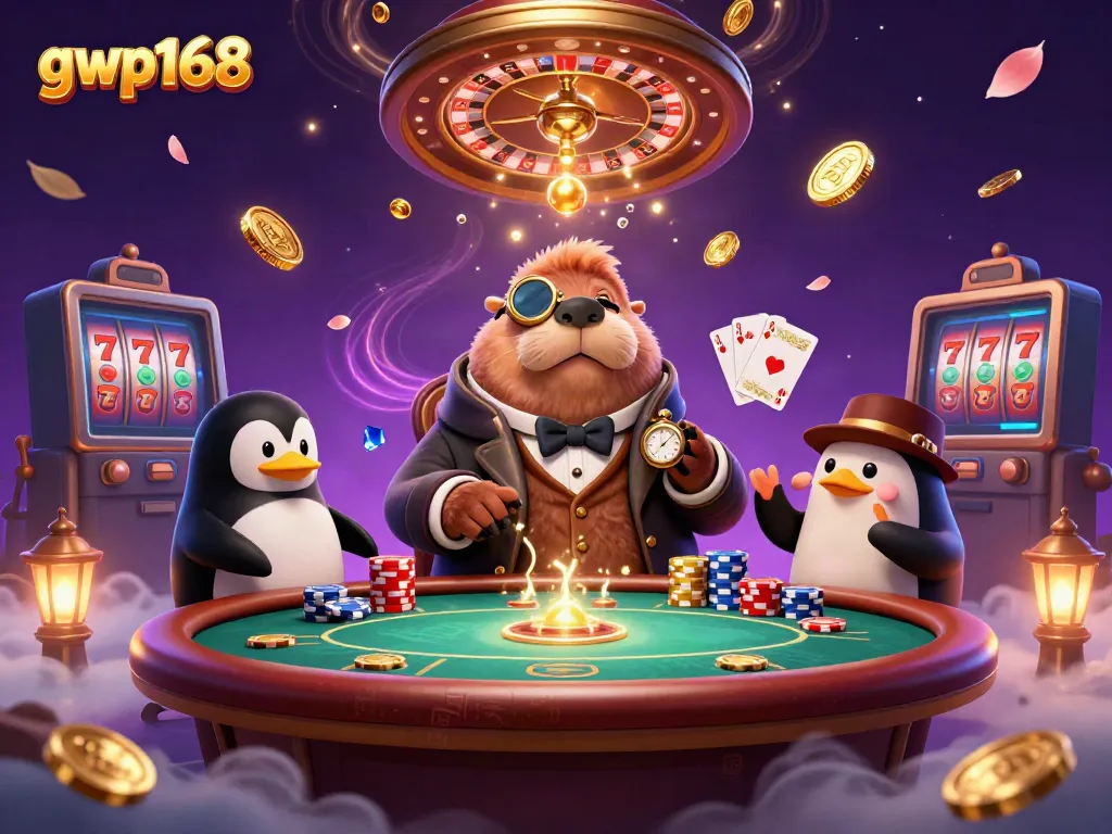Menghitung kemenangan saat bertaruh di gwp168, dengan karakter kartun beruang walrus dan dealer penguin di meja poker yang megah.