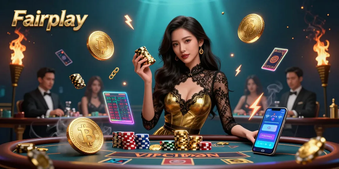 Engage in high-stakes baccarat with Fairplay amid glowing crypto elements and golden chips.