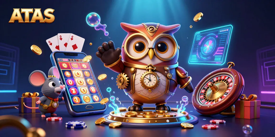 Engage with ATAS casino's vibrant 3D scene showcasing a time-traveler owl and interactive gaming elements.