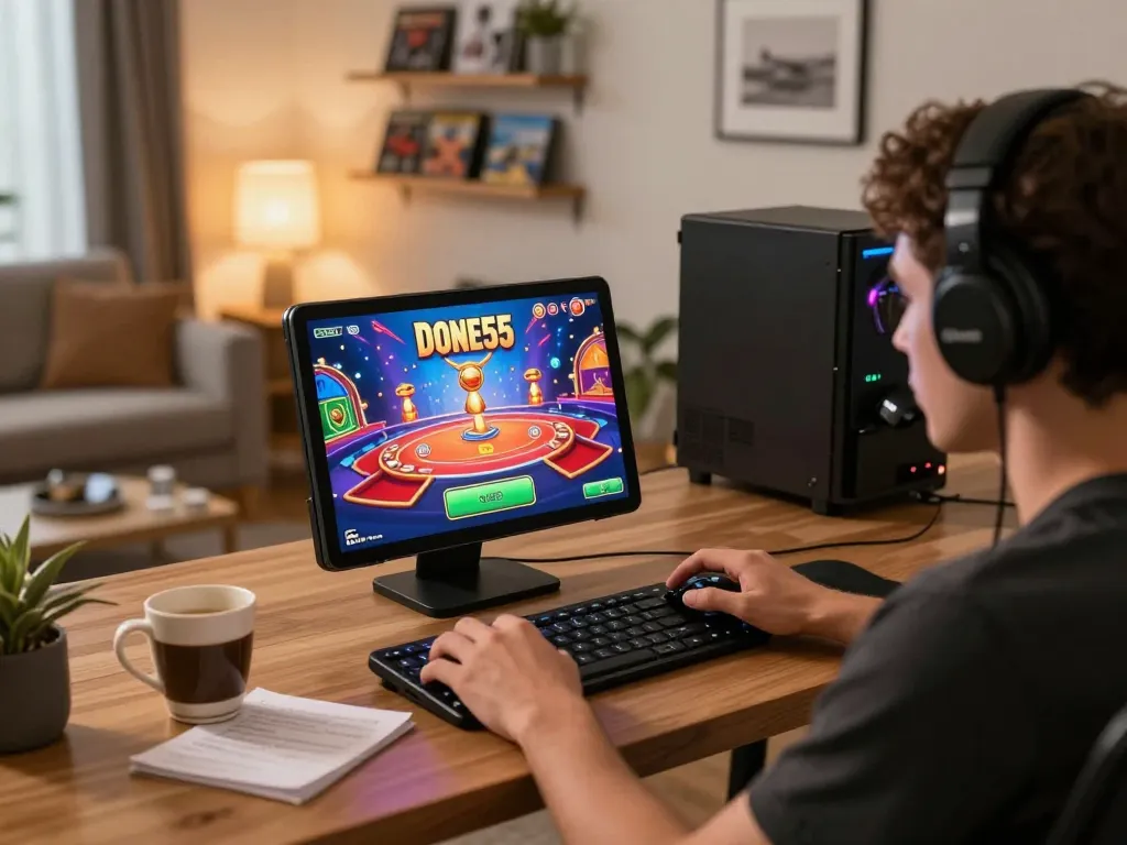 Player enjoying the Done55 game on a tablet in a cozy gaming setup.