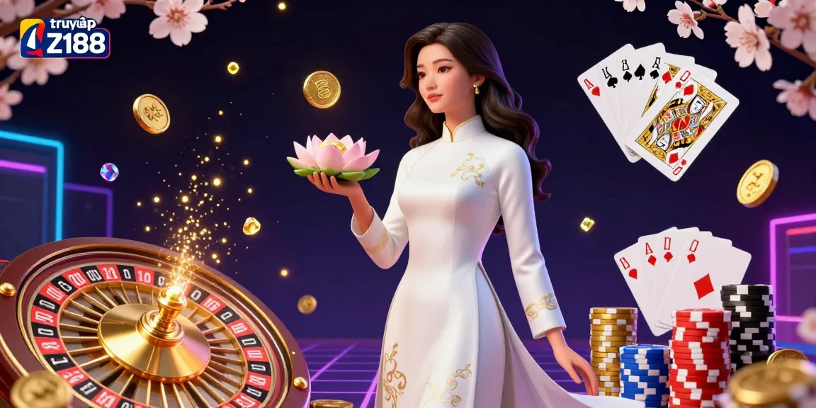 Experience thrilling gaming action with truy cập Z188 featuring elegant Asian woman among vibrant casino elements.