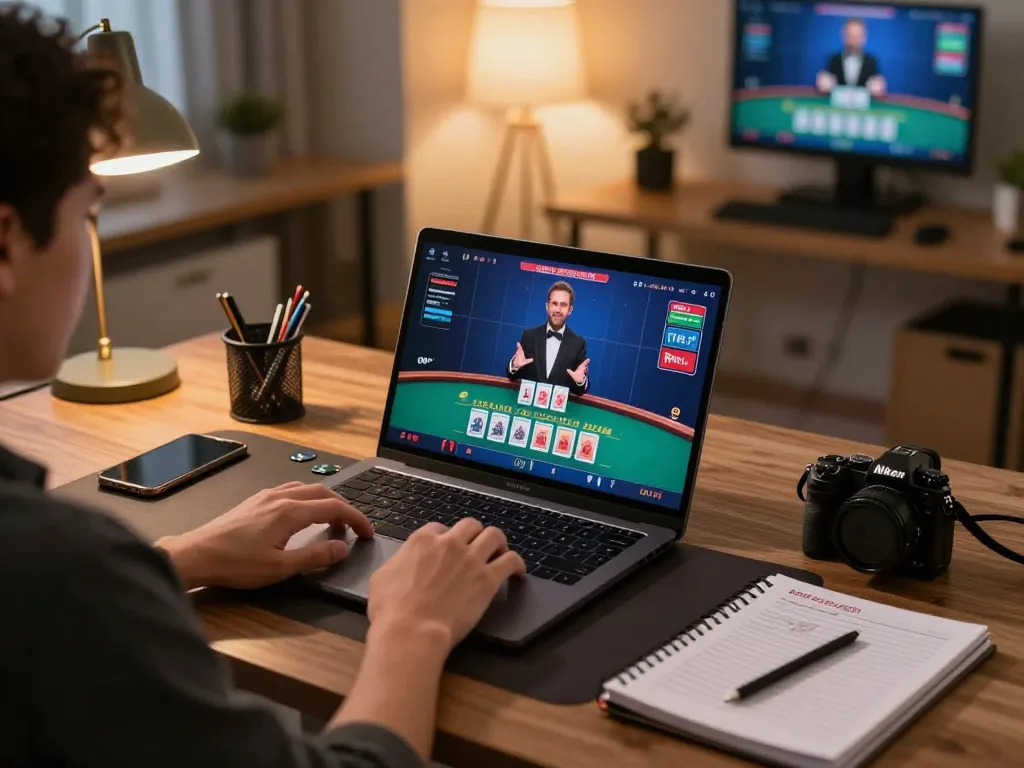Player engaging in a dn88 live dealer blackjack game on laptop in a cozy home office.