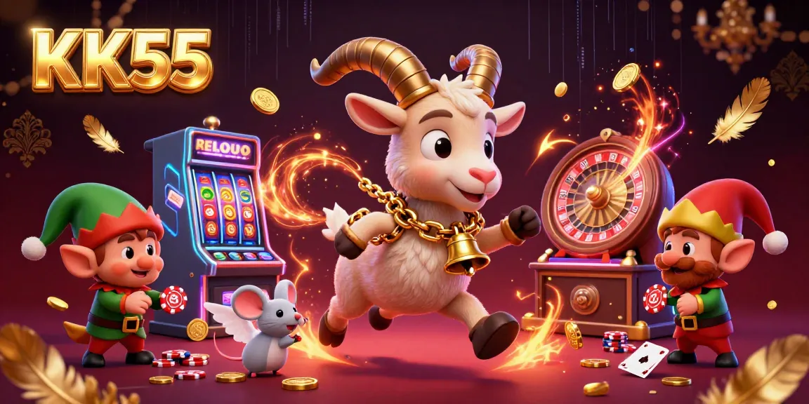 Experience KK55's thrilling casino atmosphere with festive characters and dynamic gaming elements.