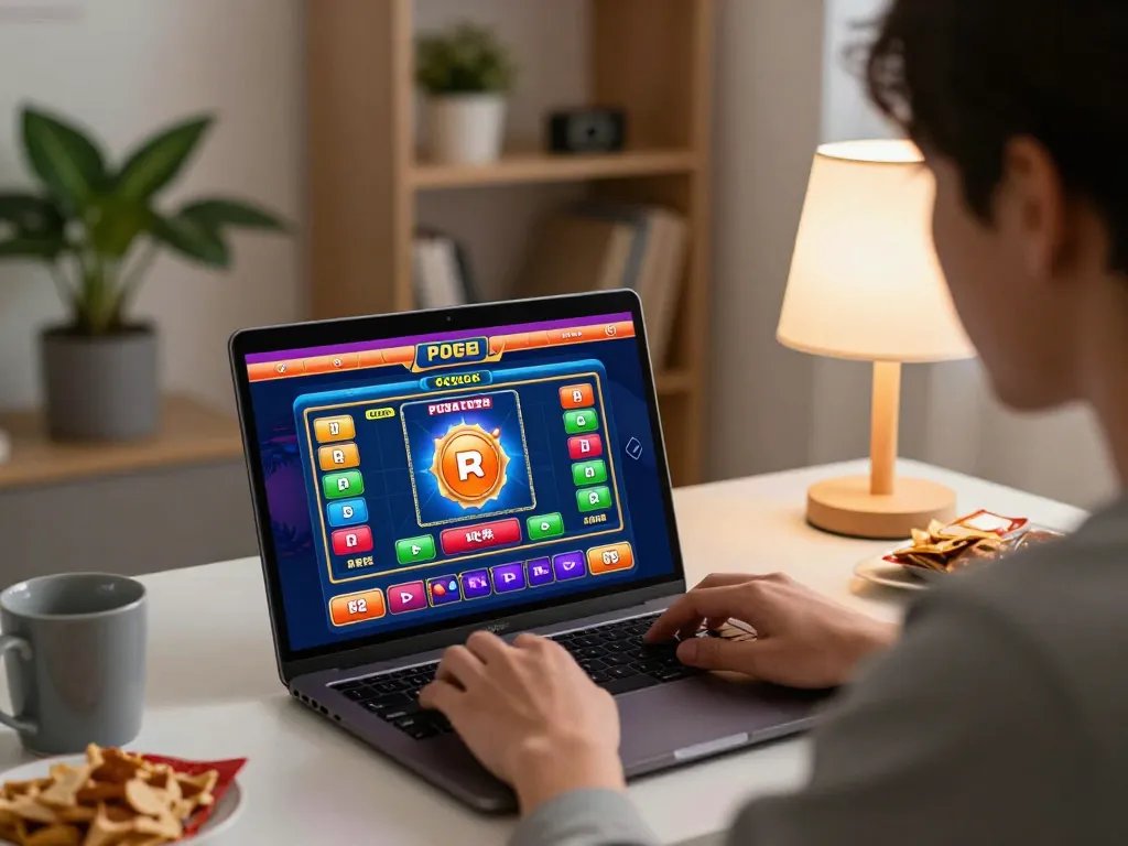 Engaging in pulsa togel online gambling at home with a colorful game interface on a laptop.