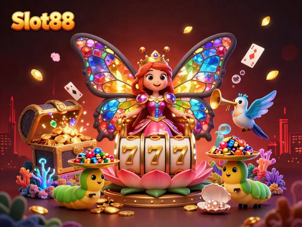 Slot88 menampilkan ilustrasi 3D imersif dengan ratu kupu-kupu bertema kasino yang dikelilingi elemen slot warna-warni.