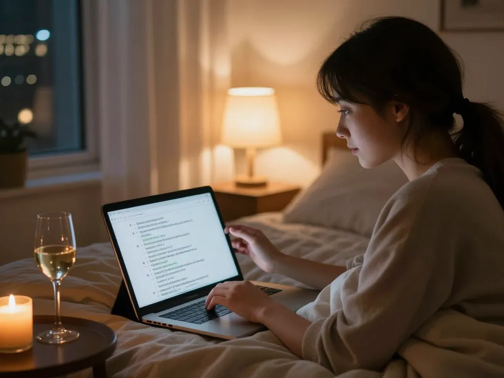 Person engaging with an nsfw ai character on a tablet in a cozy bedroom.