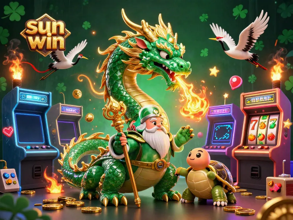 Experience the thrill of sun win gaming with a majestic dragon and vibrant casino elements.