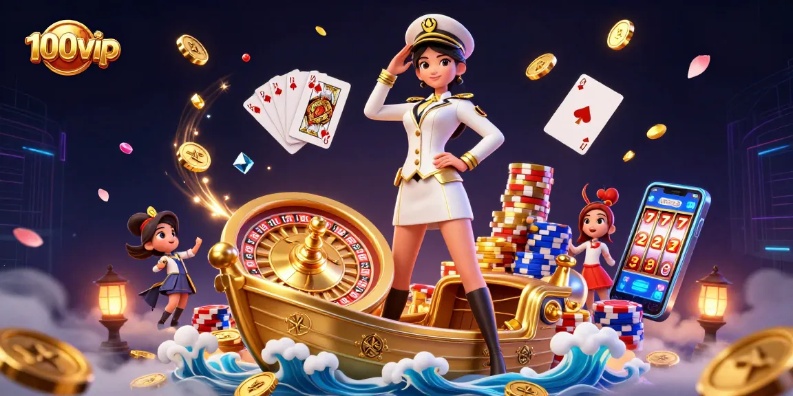 Engage in the thrilling world of 100vip with a vibrant 3D casino illustration featuring glamorous gaming elements.