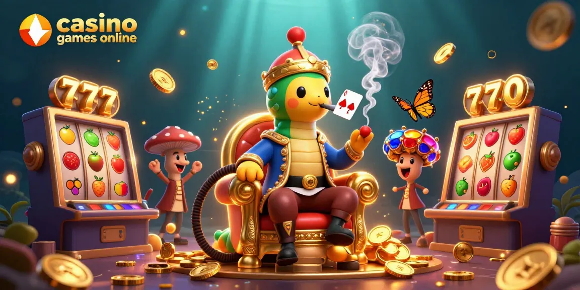 Join the fun in casino games online with vibrant slot reels, a giant caterpillar, and rich casino elements.