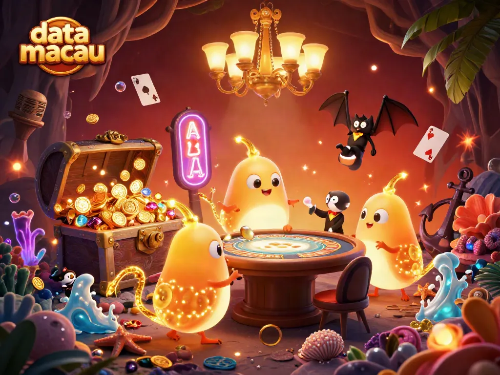 Menampilkan data macau dalam ilustrasi kasino dengan glowworms dan dealer kelelawar.