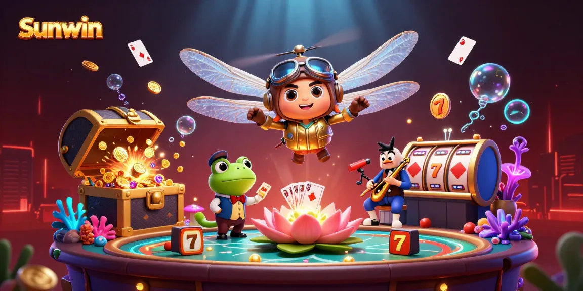 Experience the thrill of sunwin's casino with a lively dragonfly pilot and frog croupier in action.