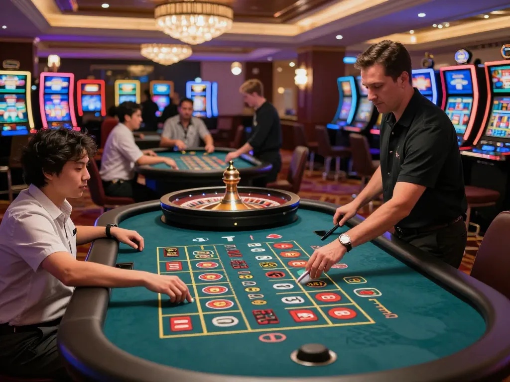 Experience the excitement of roulette at luck88com with players placing bets in a luxurious casino.