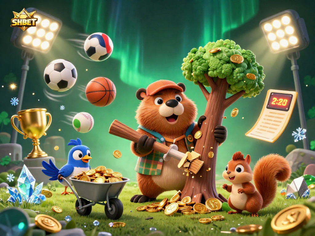 SHBET shows a cartoon beaver and companions collecting golden coins while promoting gaming excitement.