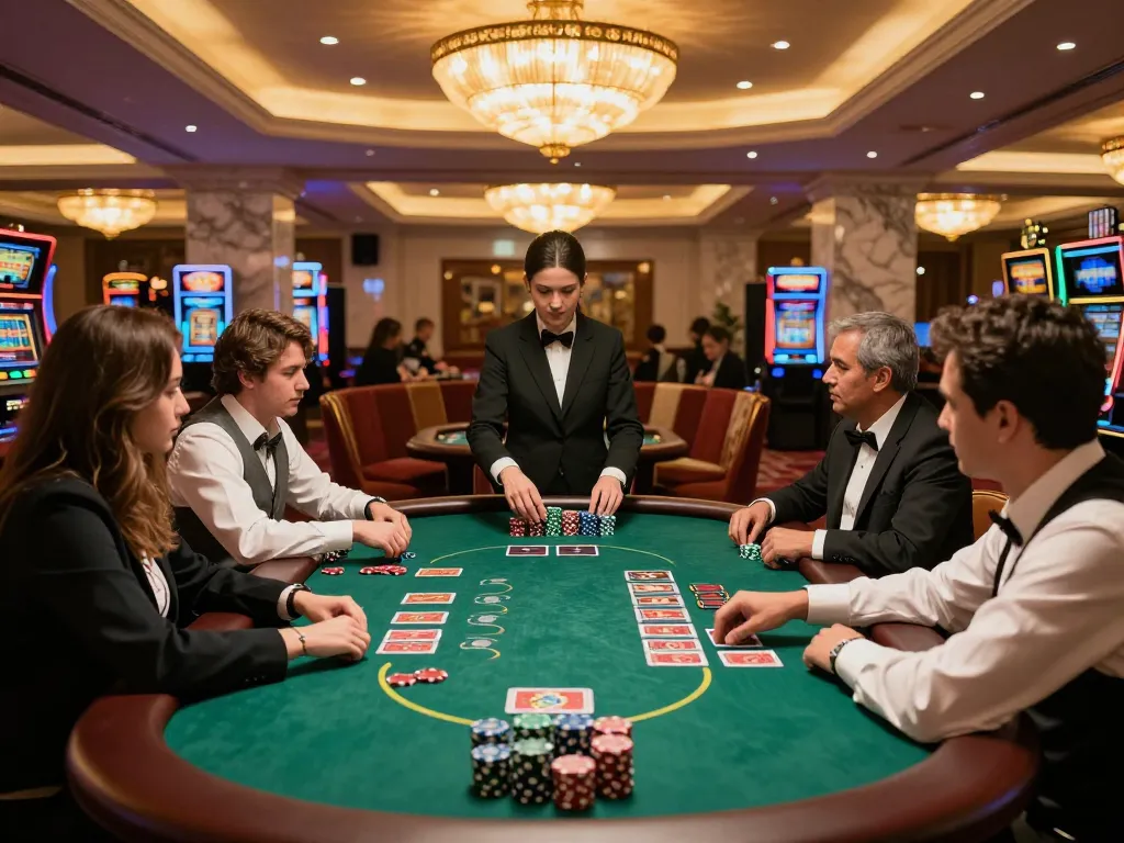 https://www.dacsandatphanrang.com/ players engage at an elegant blackjack table in a vibrant casino atmosphere