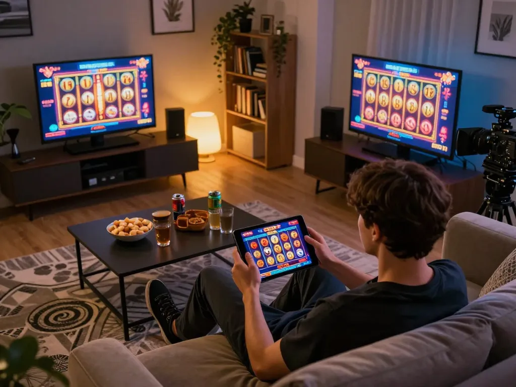 Engaging in online casino slots gameplay on 789club using a tablet in a cozy home setting
